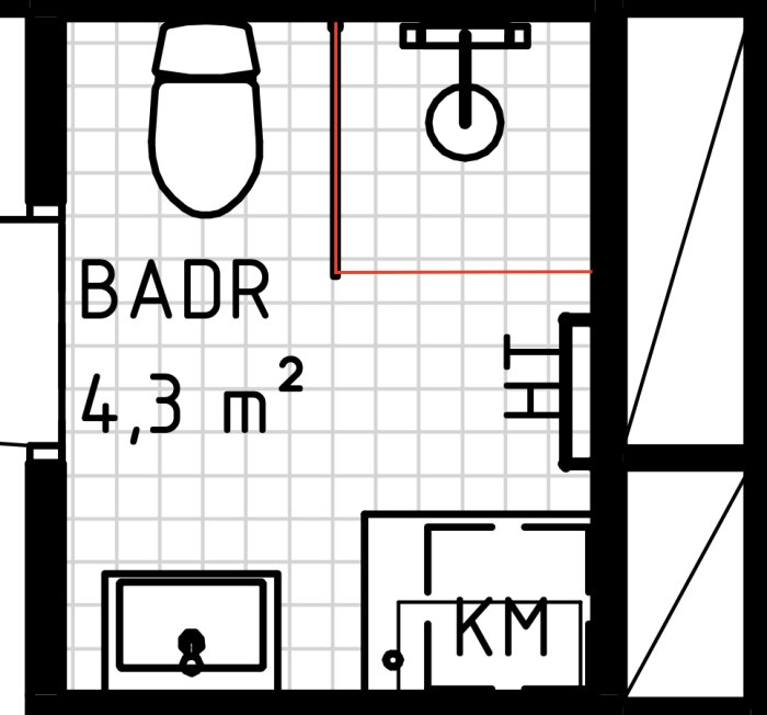 Planritning av ett badrum med duschhörna, toalett, handdukstork och badrumsmöbler.
