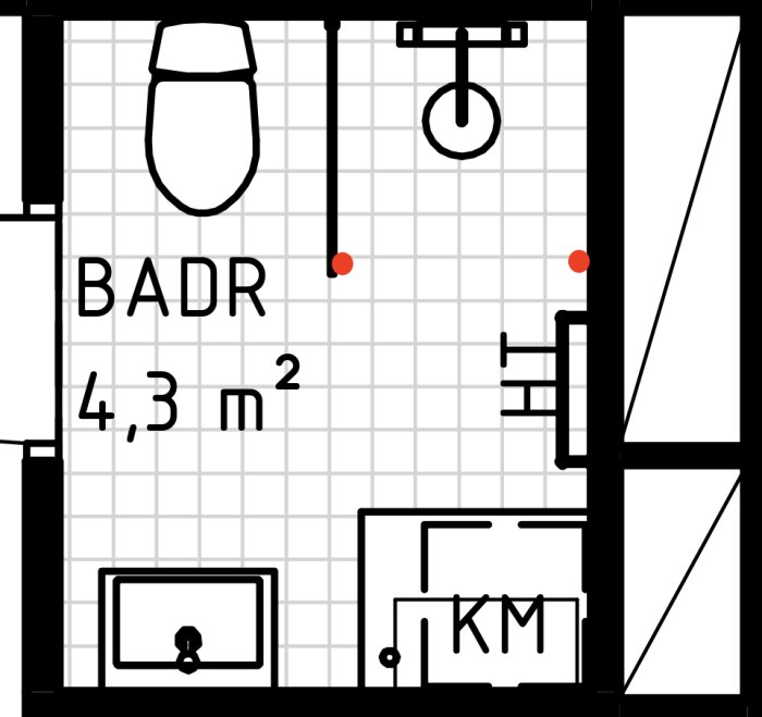 Planritning av ett badrum med angivna mått, duschplats, handdukstork, och alternativ för duschdraperi.