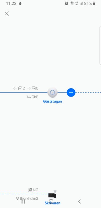 Skärmdump av en mobiltelefon visar en nätverksgränssnitt, benämnd "Gäststugan".