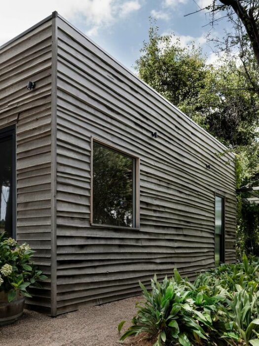 Träfönster med tunn träram och vattbräda på en husfasad med vertikala träpaneler, omgiven av grönska.