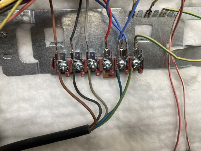 Elektrisk kopplingspanel med ordentligt märkta skruvklämmor och anslutna kablar.