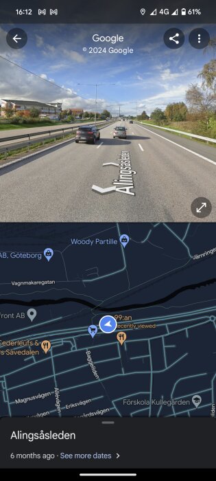 Skärmbild från Google Street View visar trafik på Alingsåsleden med fordon i mittenfilen.