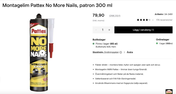 Patron av Pattex No More Nails montagelim med tydlig produktinformation och pris, lämplig för hängning utan borr.