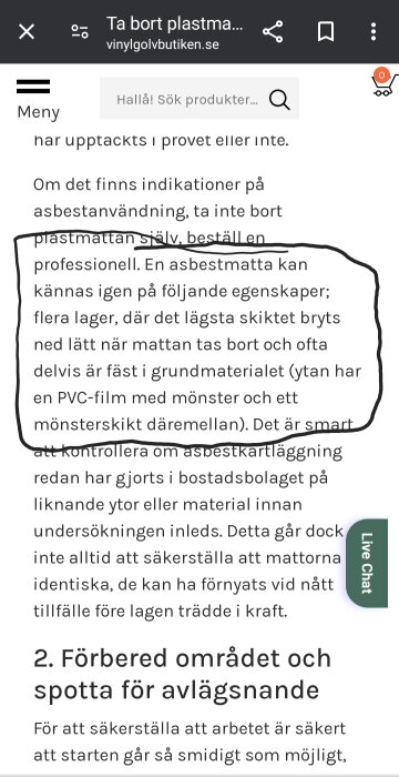 Skärmdump av en webbsida med instruktioner om att ta bort plastmatta säkert utan asbestexponering.