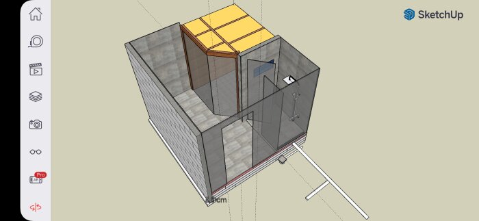 3D-modell av källare i ett suteränghus med markerad avloppsrör och planerad ny vägg.