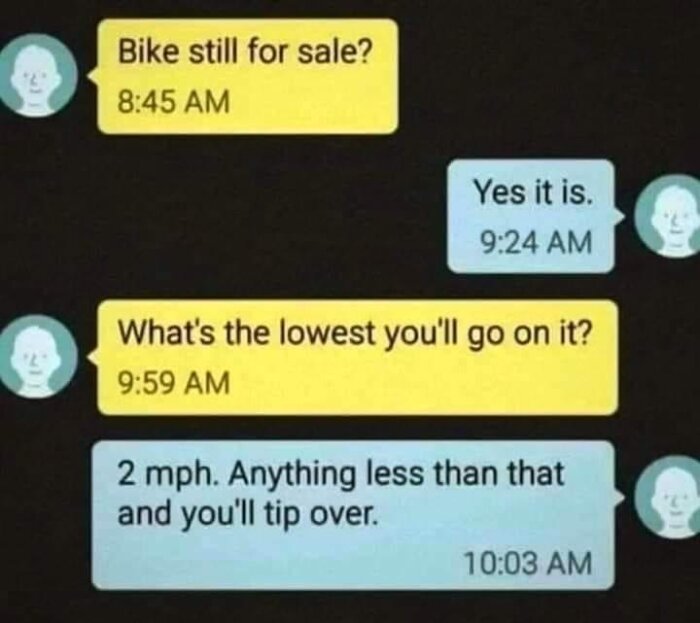 Skärmdump av en textkonversation om försäljning av cykel med ett skämtsamt svar om lägsta fart.