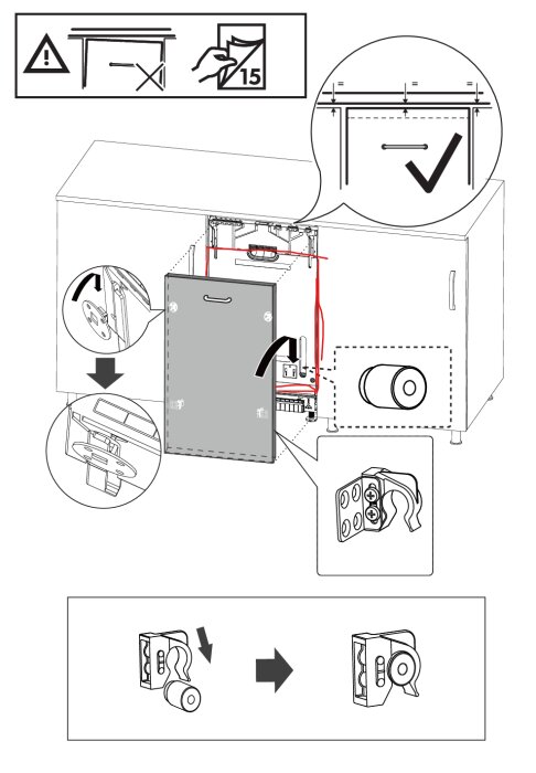 Illustration av monteringsanvisning för integrerad diskmaskinslucka, med indikationer på korrekt och felaktigt demonterade delar.