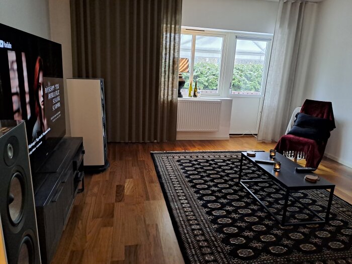 Vardagsrum fokuserat på film- och musik med stor TV, högtalare och endast en fåtölj framför en stor matta.