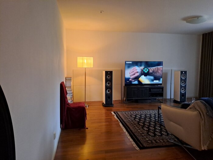 Vardagsrum med fokus på film och musik, stort TV-skärm och högtalarsystem, soffa och dekorativ matta.