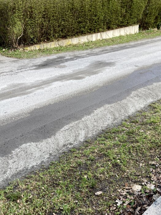 Nyrakad gräsäng med samlade löv bredvid en nyligen fejad gata.