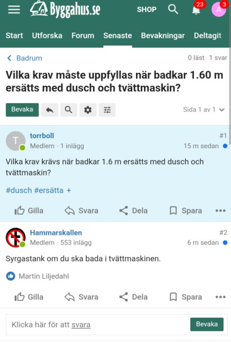 Skärmdump av diskussionsforumtråd om krav vid ersättande av badkar med dusch och tvättmaskin.