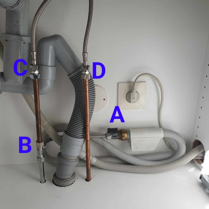 Röranslutningar under en köksbänk med markerade punkter A, B, C, D där slangar ska installeras.