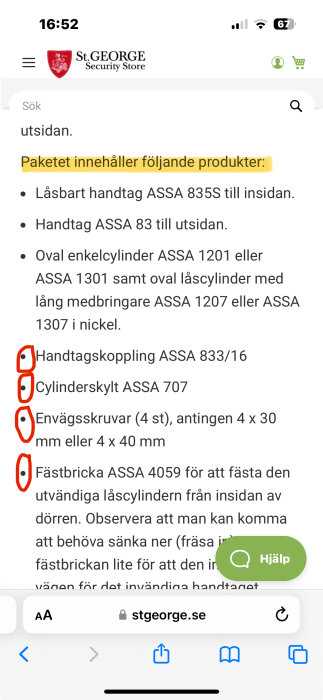 Skärmdump av en e-handelssida som listar komponenter av ett låskit, inklusive handtag och cylindrar.