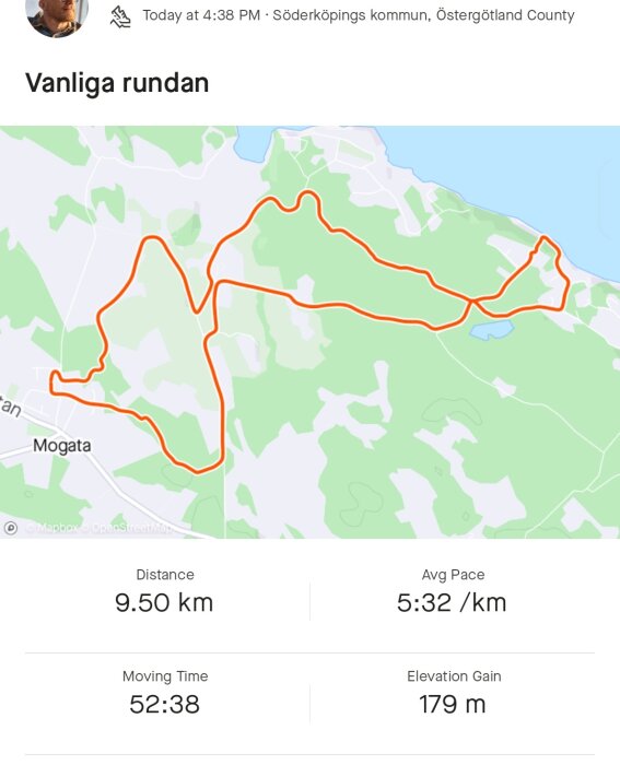 Kartskärm med löprunda på 9,50 km markerad med orange linje, tid 52:38 och höjdvinst på 179 m.