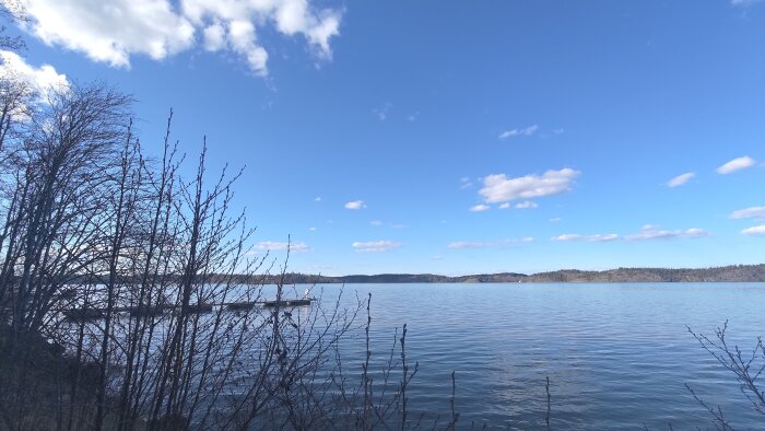 Vy över en lugn sjö med en brygga, omgiven av träd utan löv under en klar himmel med några moln.