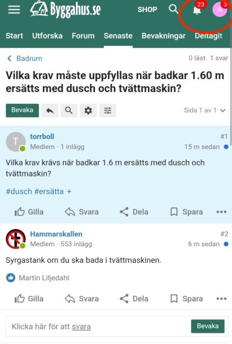 Skärmdump av ett forum inlägg på Byggahus.se om att ersätta badkar med dusch och tvättmaskin.