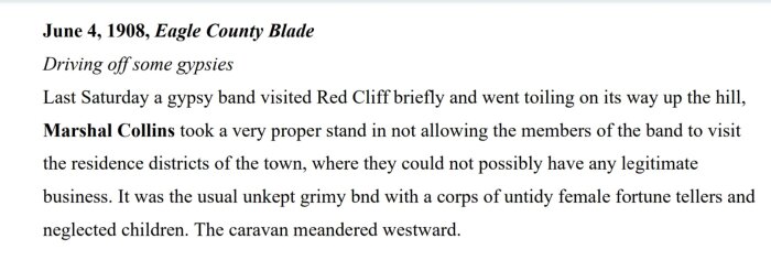 Historiskt tidningsklipp från Eagle County Blade, 4 juni 1908, om åtgärder mot zigenare i Red Cliff.