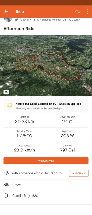Skärmdump av cykelaktivitet med rutt på karta, statistik om distans, tid och energiförbrukning.