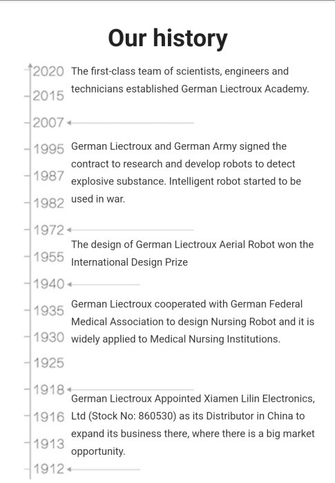 Skärmbild som visar en tidslinje med historiska milstolpar för företaget Liectroux, inklusive utveckling av robotar.