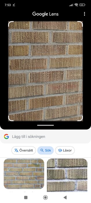 Skärmdump av Google Lens med en vägg av gul räfflad tegelsten som söks efter.