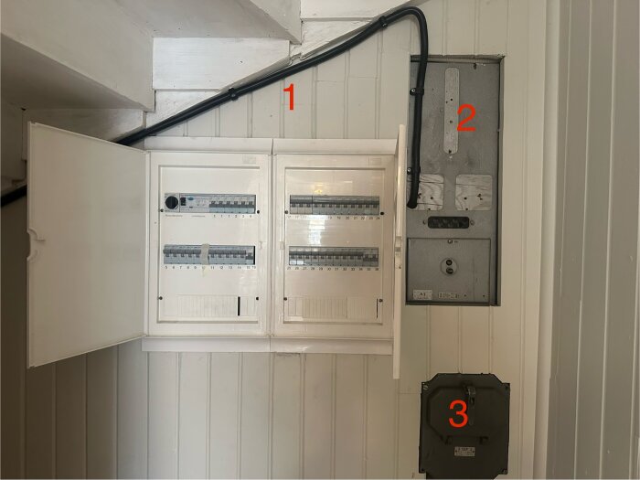 Elcentral med öppna säkringsskåp och numrerad gammal proppskåp och strömbrytare.