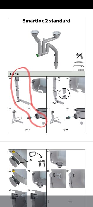 Illustration av installation av dubbel diskho med avloppsrör och extra översvämningsskydd.