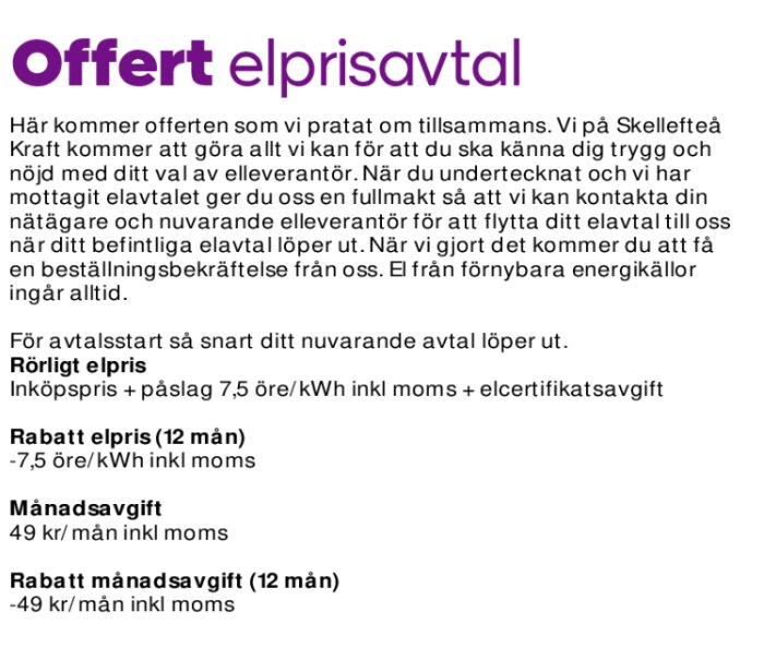 Bild av en offertrubrik för elprisavtal med detaljerad prisinformation och villkor, inklusive rabatter och månadsavgifter.