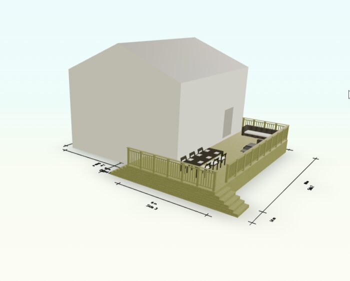 3D-utkast av renoverad uteplats med altan bredvid hus, inklusive måttangivelser.