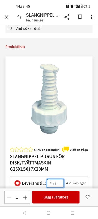 Skärmbild av en slangnippel för disk/tvättmaskin från en onlinebutik, avsedd som en potentiell lösning för en diskmaskinsanslutning.