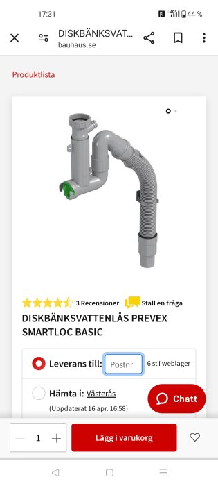 En diskbänksvattenlås från Prevex Smartloc Basic, visas som en produktbild på en onlinebutiks sida.