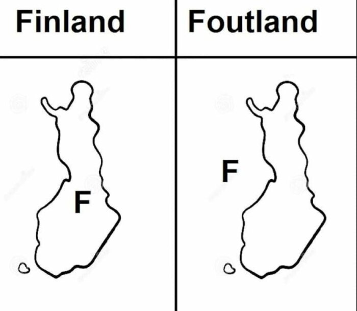 Illustration med två kartliknande bilder, en märkt "Finland" och den andra "Foutland", båda med en stor bokstav "F".