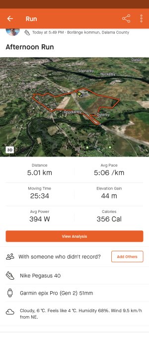 Översiktskarta över en 5,01 km lång löprunda med statistik och väderförhållanden i Borlänge kommun.