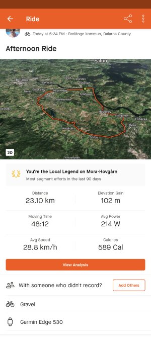 Skärmklipp av en cykeltur med karta över rutt nära Falun, distans, tid, hastighet och kalorier.
