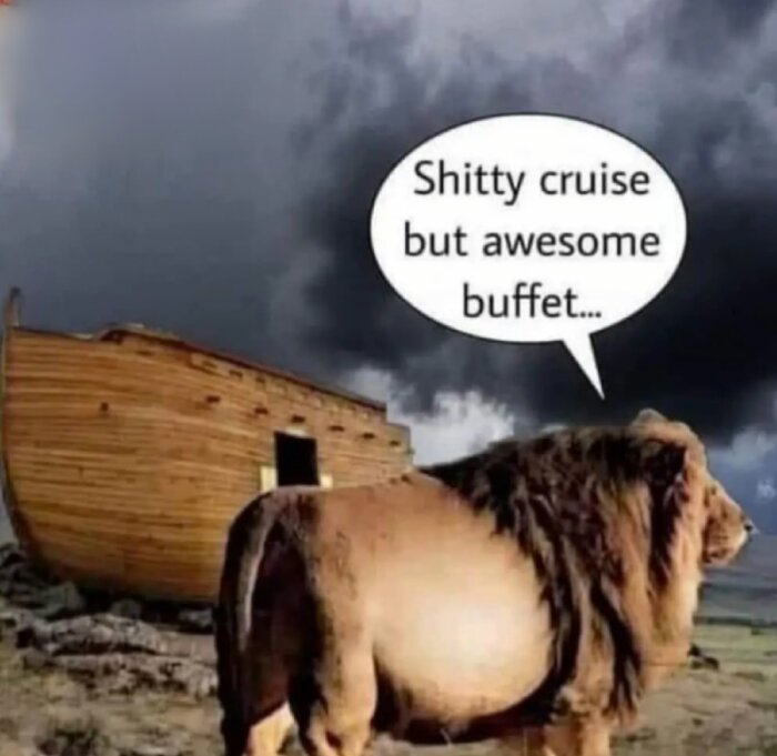 Illustration av lejon och träbåt med pratbubbla "Shitty cruise but awesome buffet".