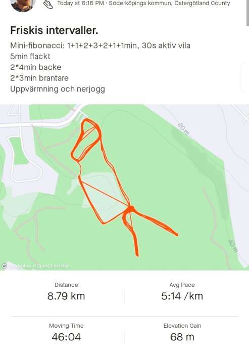 Skärmavbild av en löparkarta med intervallträning, rutt visualiserad i rött, total distans 8,79 km, rörelsetid 46:04 min.
