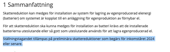 Screen capture av text från Skatteverket om skattereduktion för lager av energiproducerade batterier.