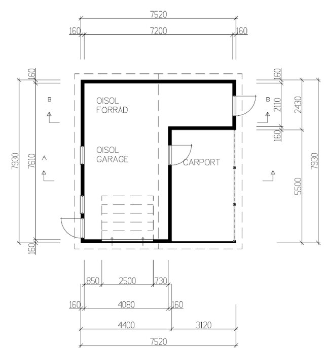 Måttsatt ritning av ett garage, förråd och carport med dimensioner och layout.