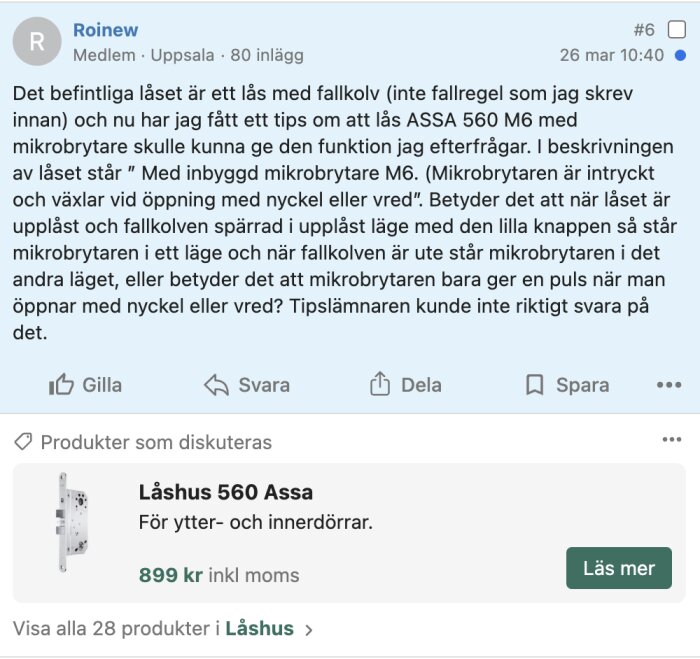 Skärmbild av ett diskussionsforum med en post om ASSA 560 lås och en relaterad produktrekommendation.