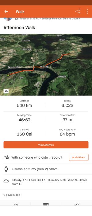 Skärmavbild av träningsapp med karta och statistik över eftermiddagspromenad på 5,10 km, tid och hjärtfrekvens.