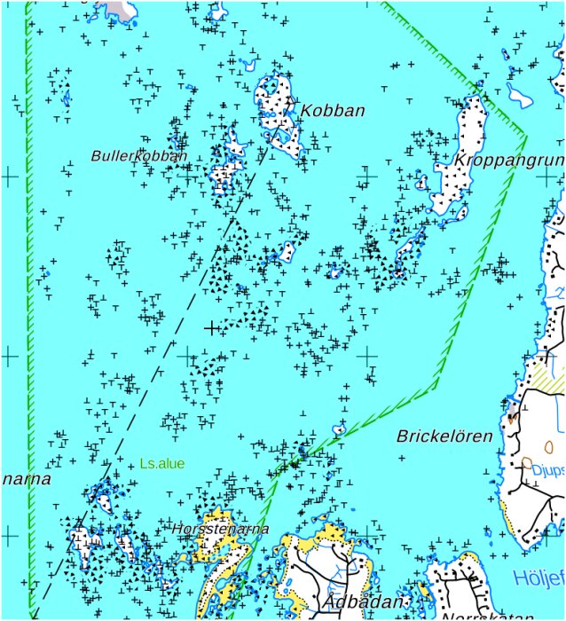 Maritim sjökarta som visar öar och djup i glesbygden, med öar märkta som "Kobban" och "Brickelören".