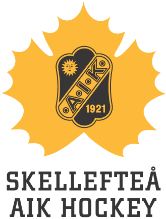 Logotyp för Skellefteå AIK Hockey med gul och svart färg, en hockeyklubba, solsymbol och årtalet 1921.