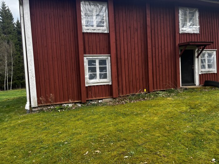 Slitet rött trähus med plastöverdragna fönster, öppen ytterdörr och grön gräsmatta framför.