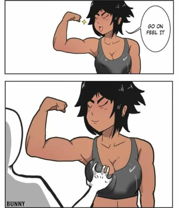 Tecknad karaktär visar muskler och en annan karaktär känner på biceps, text "GO ON FEEL IT".