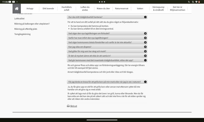 Skärmdump av en diskussionstråd på ett forum om avfallshantering och regler för trädgårdsavfall.