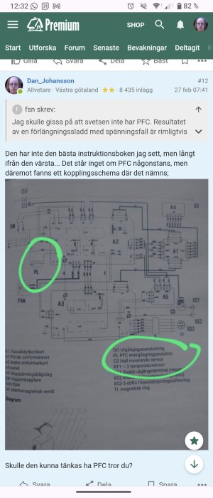 Elektronisk kretsschema med markeringar och text som refererar till PFC (Power Factor Correction).