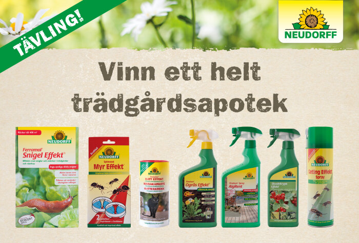 Tävlingsbanner för att vinna ett trädgårdsapotek med Neudorff-produkter för trädgårdsskötsel, inklusive snigel- och myrbekämpning.