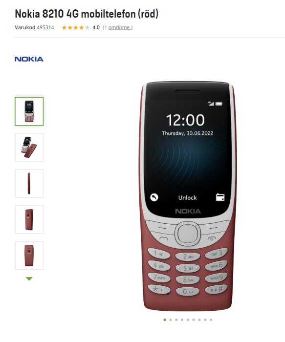 Röd Nokia 8210 4G mobiltelefon med MP3-spelare, display visar klockan 12:00.