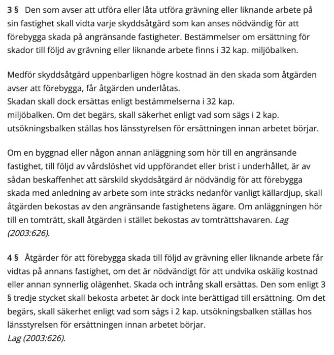 Fotografi av en texturtryckt sida med juridisk text från 3 kapitel Jordabalken som behandlar skyddsåtgärder vid grävning.