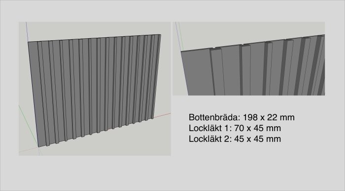 Illustration av vertikalt monterade fasadbrädor med dimensioner för bottenbräda och lockläkt.