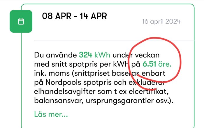 Skärmdump som visar energiförbrukning på 324 kWh och snittpris på 6.51 öre per kWh.